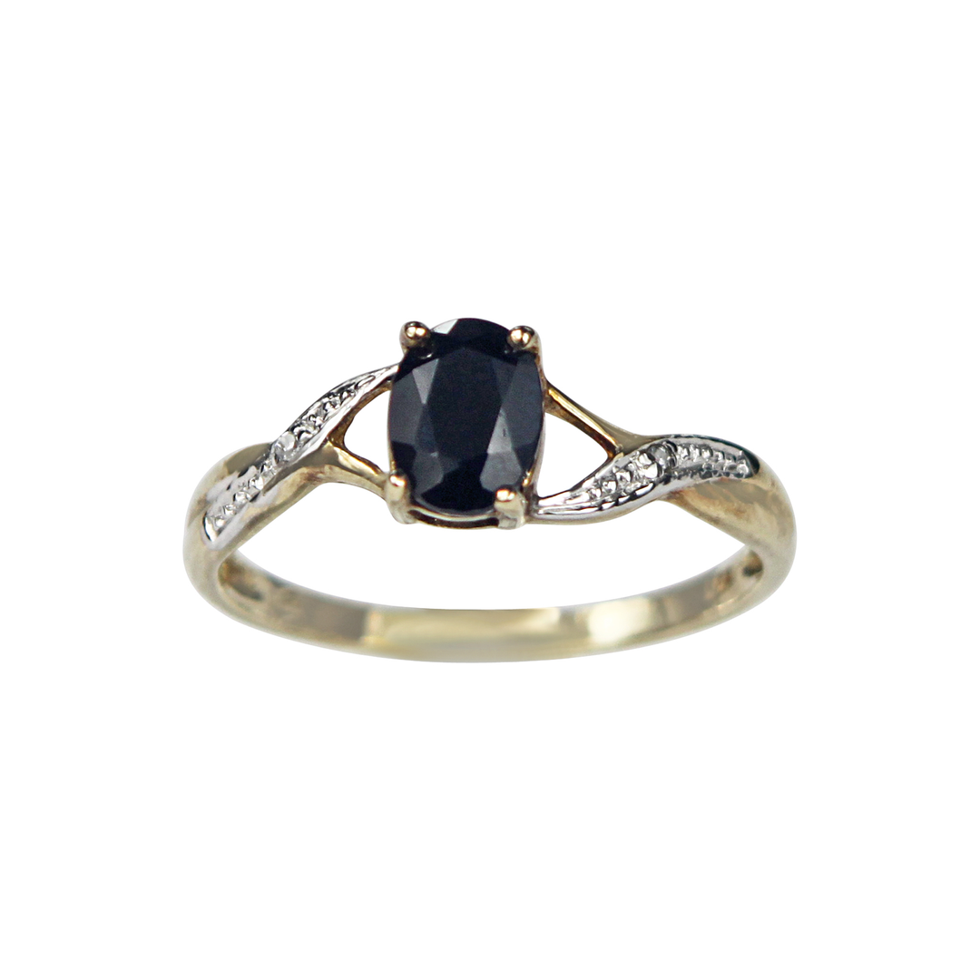 9kt Yellow Gold  Sapphire Diamond Solitaire Twist Shank Engagement Ring