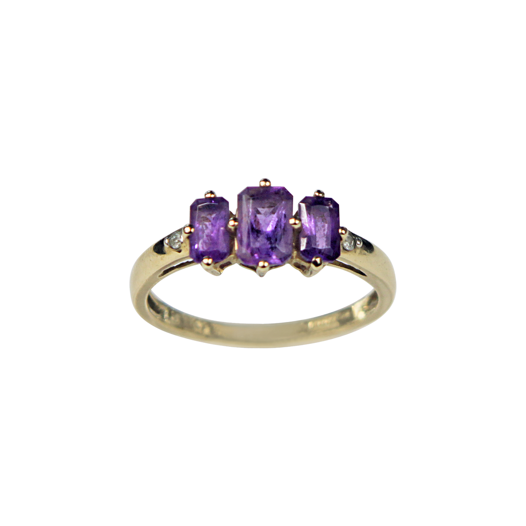 9ct Yellow Gold Trinity Ring with 3 Cushion cut Amethyst Stones