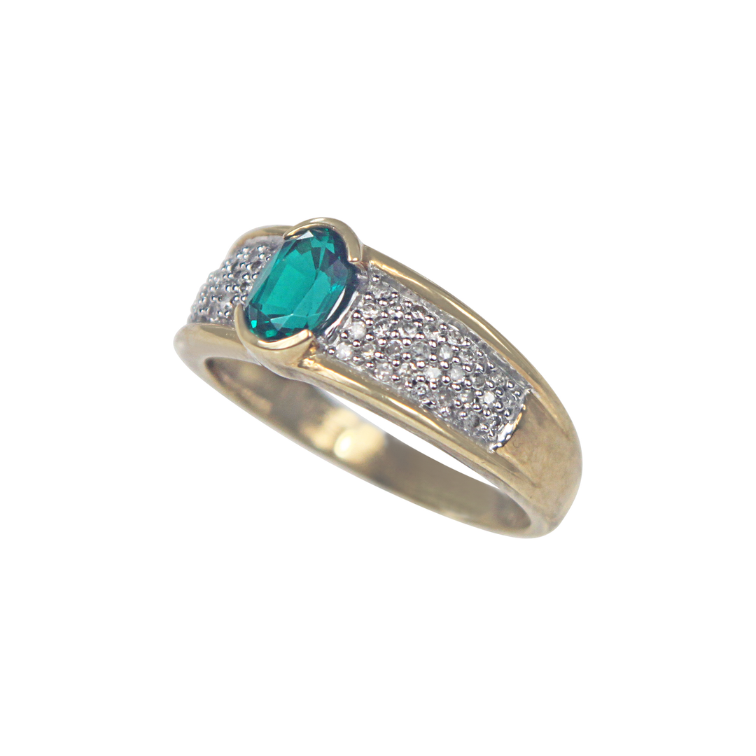 Synthetic Emerald & Diamond 9ct Yellow Gold Ring