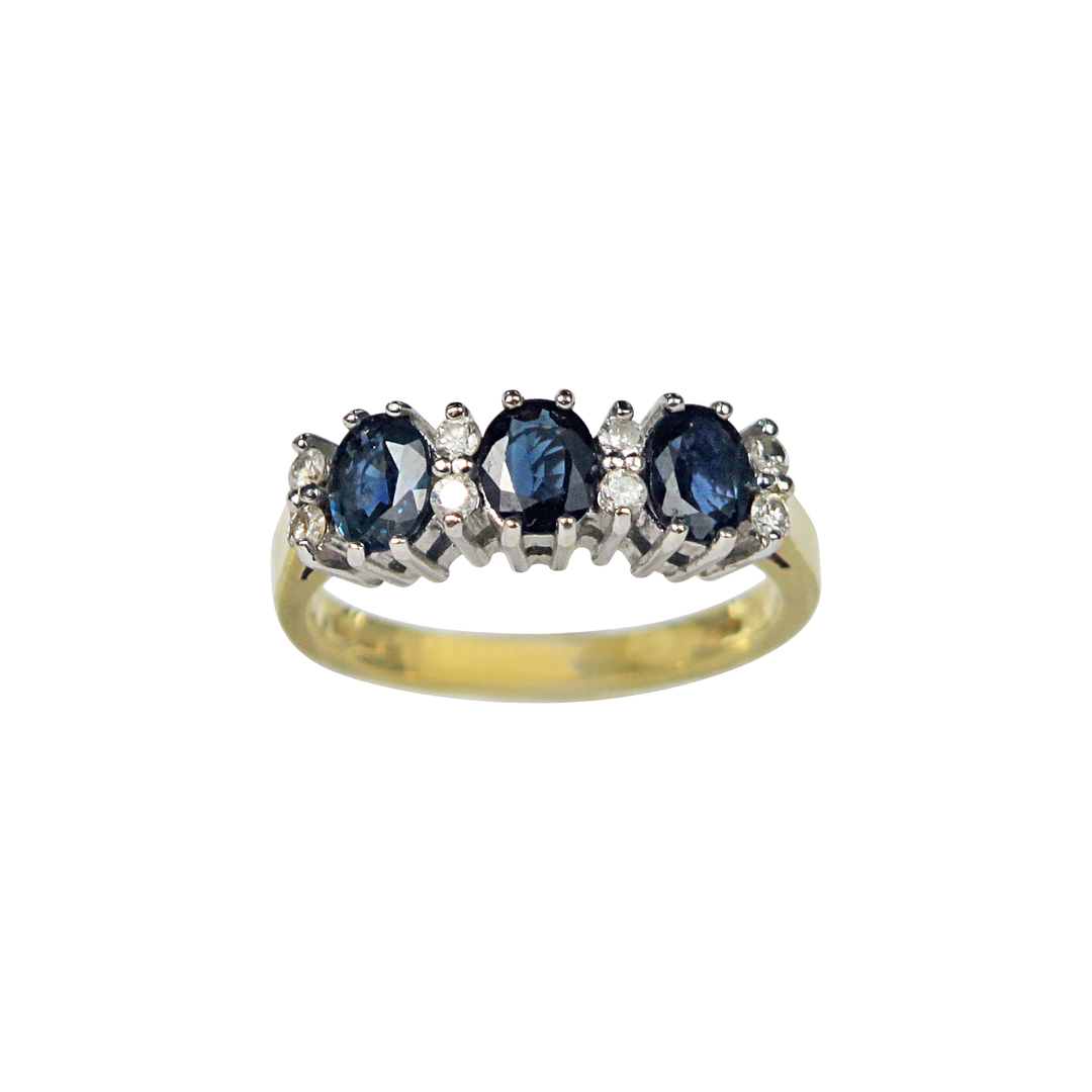 18kt Gold Blue Zircon and Round Cut Diamond Trinity Ring